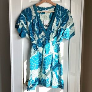 NWT America & Beyond Blue and Mint Leaf Print Embroidered Lace Details Dress